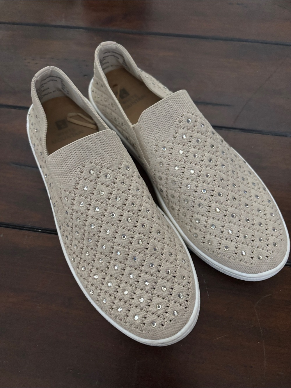 White Mountain Beige Slip-On Knit Loafers with Stud Accents
